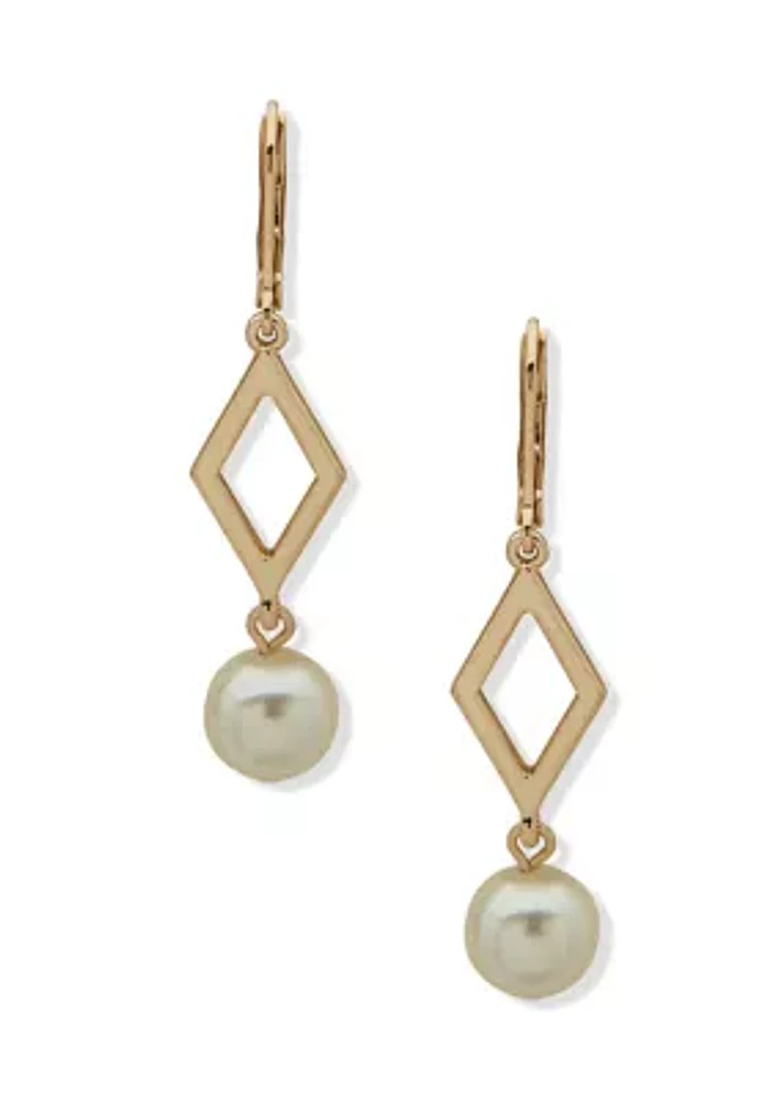 Gold Tone White Geometric Pearl Drop Earrings