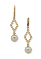 Gold Tone White Geometric Pearl Drop Earrings