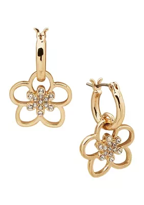 Gold Tone 11 Millimeter Crystal Flower Drop Huggie Earrings