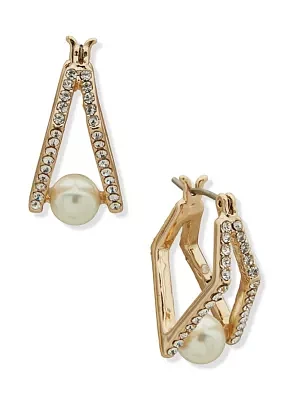 Gold Tone Crystal White Pearl Split Hoop Earrings