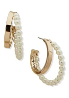 Gold Tone White Geo Pearl Hoop Earrings