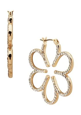 Gold Tone 35 Millimeter Crystal Pavé Flower Hoop Earrings