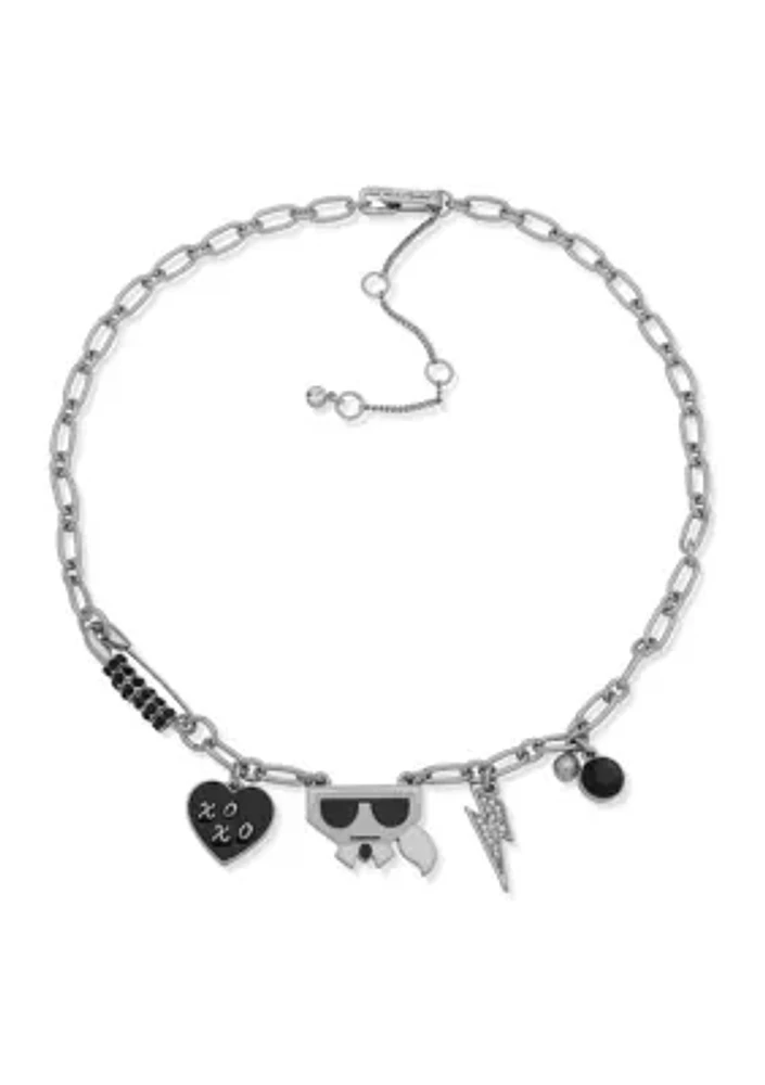 Silver Tone 16'' Black Charm Frontal Necklace