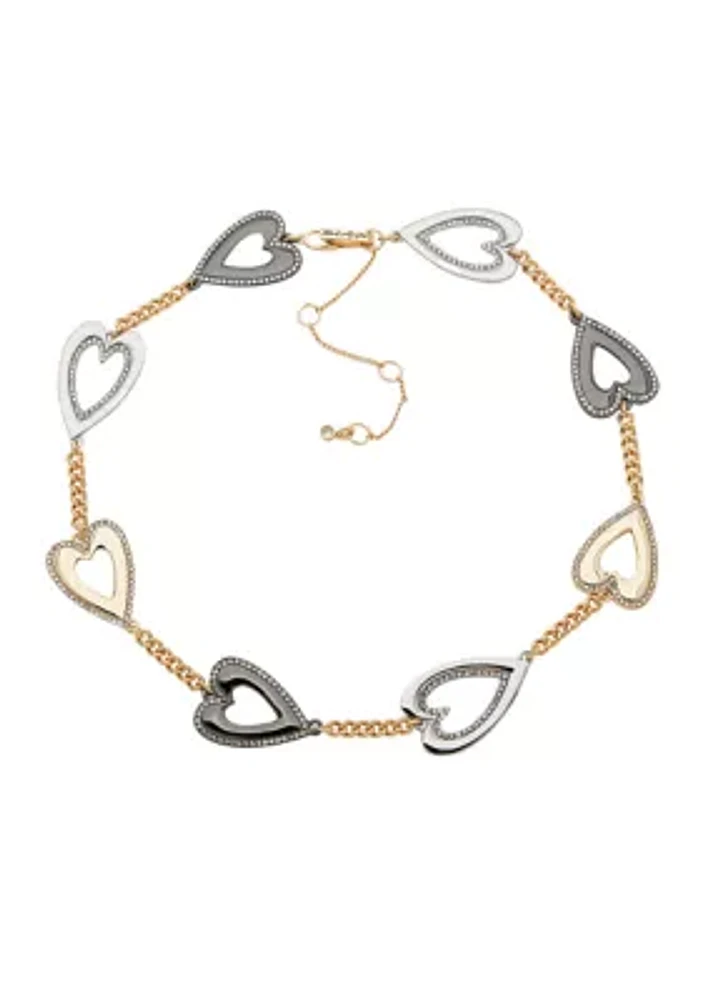 Tri Tone 16" Crystal Heart Collar Necklace