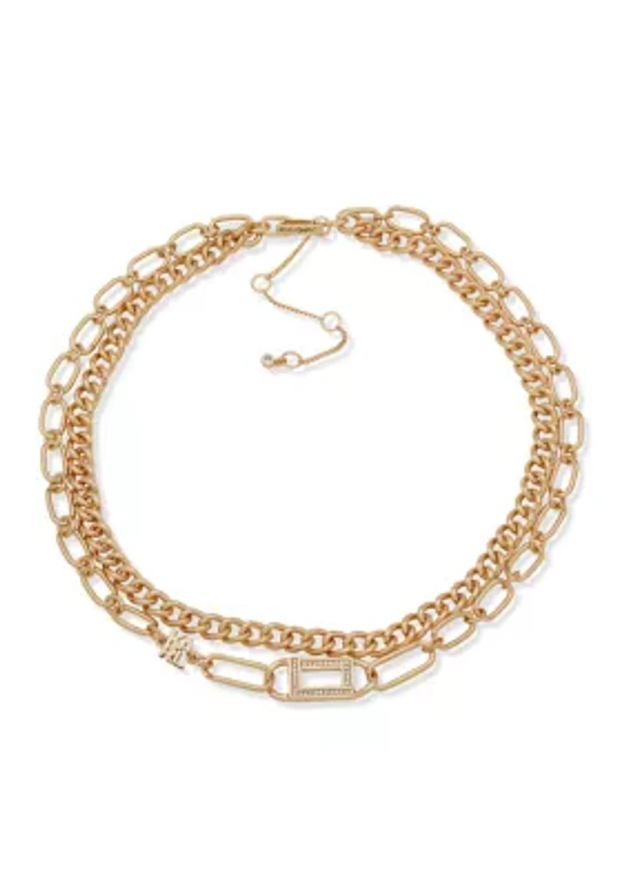 Gold Tone 16" Crystal Karl Link Multirow Necklace