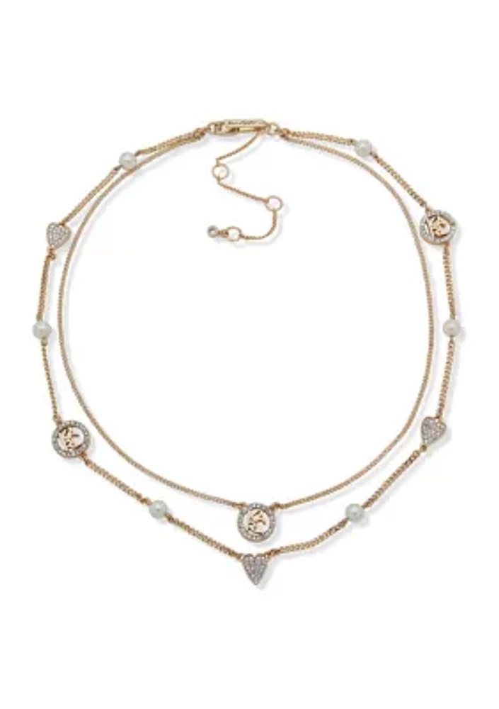 Gold Tone Pearl Heart Multirow Necklace