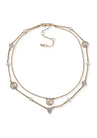 Gold Tone Pearl Heart Multirow Necklace