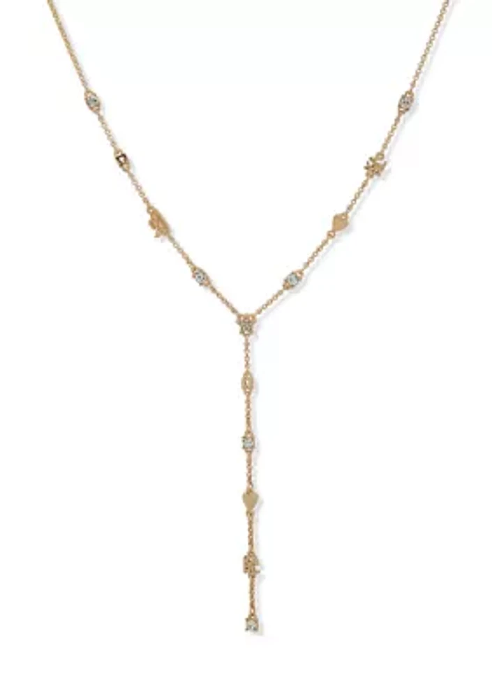 Gold Tone 16'' Crystal Logo Y Neck Frontal Necklace