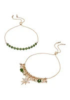 Gold Tone Set of 2 Green Beaded Charm Slider Bracelet 