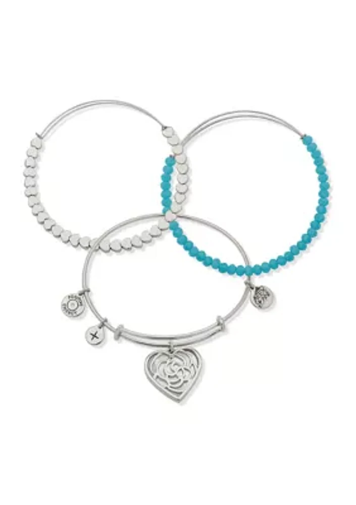 Silver Tone Set of 3 Blue Beaded Love Expandable Charm Positive Vibes Bracelets