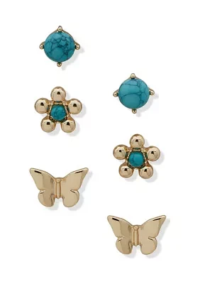 Gold Tone Turquoise Flower Butterfly Stud Trio Earrings