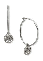 Silver Tone Crystal Hoop with Tree of Life Earrings