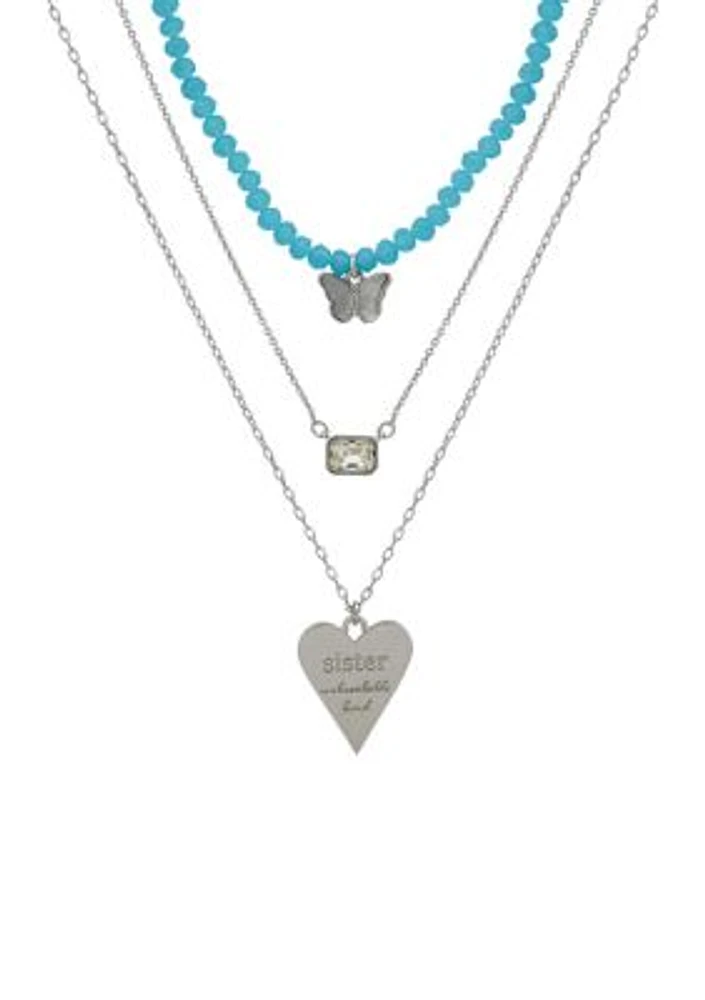 Silver Tone Set of 3 Crystal Sister Pendant Necklace