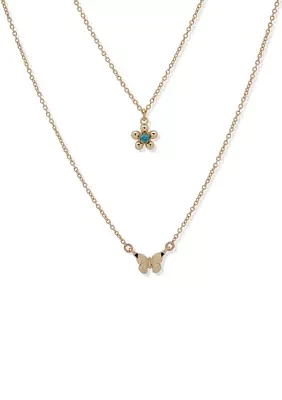 Gold Tone Turquoise Multirow Flower Butterfly Pendant Necklace