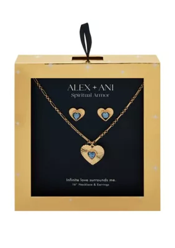 Gold Tone Blue Heart Stud Earrings and Pendant Necklace Set