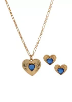 Gold Tone Blue Heart Stud Earrings and Pendant Necklace Set