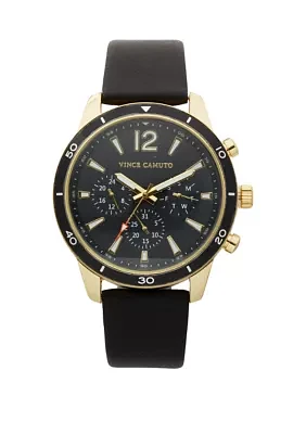 Black Faux Leather Band Watch with Gold Tone Accents 