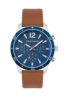 Silver Tone Brown Faux Leather Band Watch with Navy Dial