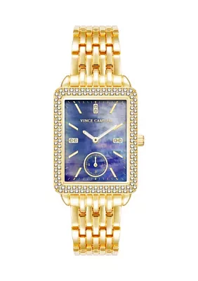 Gold Tone Metal Band Watch with Navy Dial and Crystal