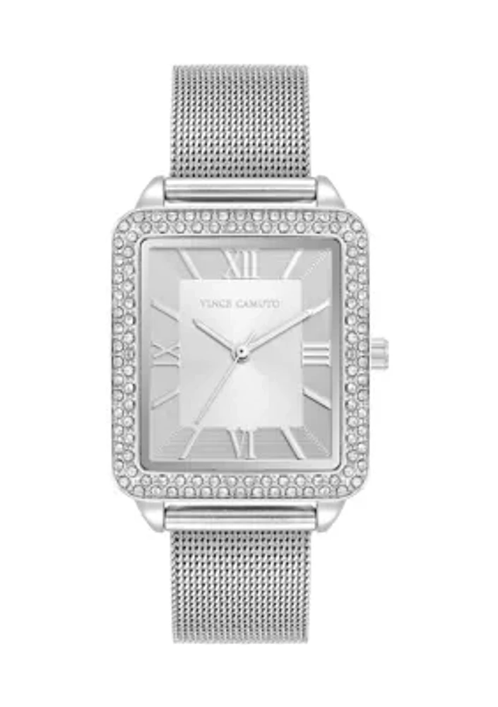   Silver Tone Stainless Steel Mesh Band Watch with Crystal 