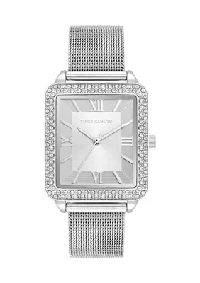   Silver Tone Stainless Steel Mesh Band Watch with Crystal 