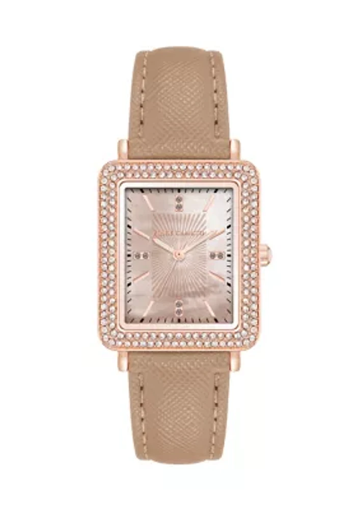   Beige Faux Leather Band Watch with Crystal 