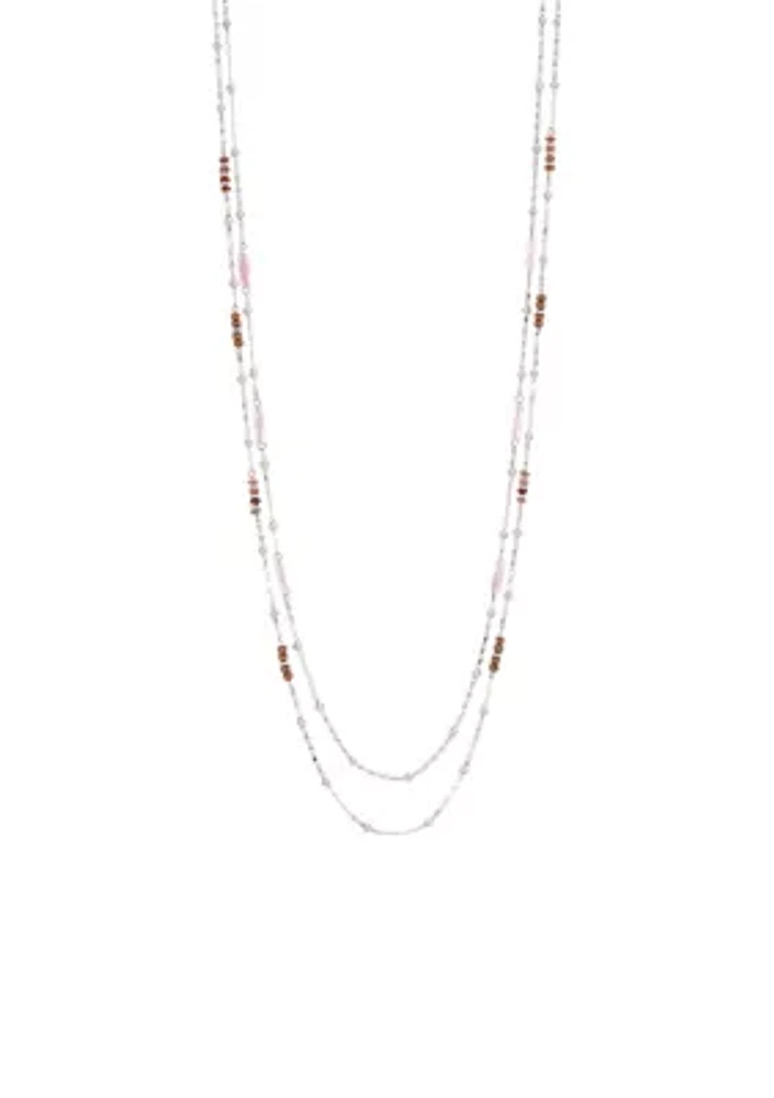 Gold Tone, 34'' + 3 '' Extender 2-Row Long Illusion Necklace with Coral Bead Stations