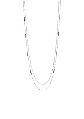 Gold Tone, 34'' + 3 '' Extender 2-Row Long Illusion Necklace with Coral Bead Stations