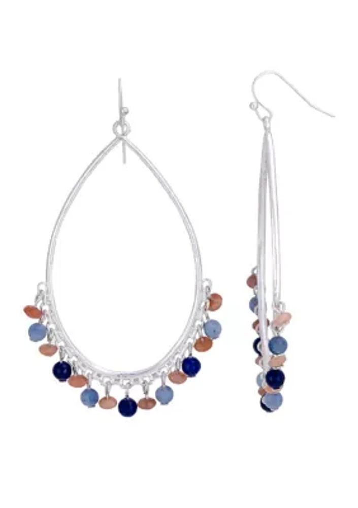 	 Silver Tone Open Teardrop Pierced Earrings With Multi Blue/Coral Bead Fringe Drops on a Fish Hook 