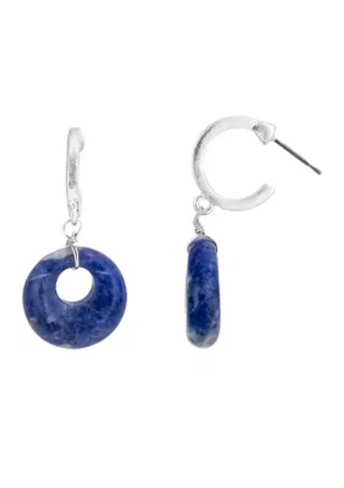 Silver Tone Small Post Hoop with Small  Blue Semi-Stone Donut Drops