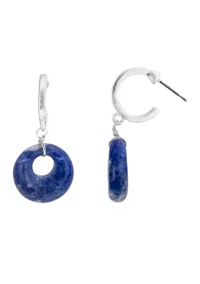 Silver Tone Small Post Hoop with Small  Blue Semi-Stone Donut Drops