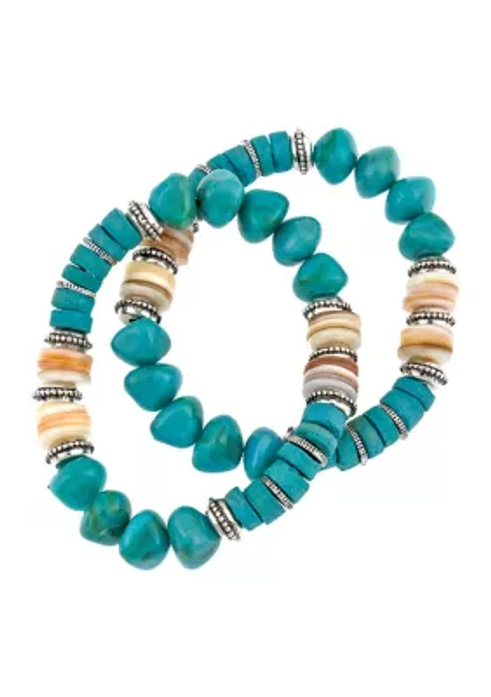 Silver Tone Turquoise Multi Beaded Stretch Bracelet - Set of 2