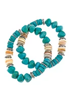 Silver Tone Turquoise Multi Beaded Stretch Bracelet - Set of 2