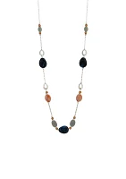 Silver Tone 36'' + 3'' Extender Long Linked Necklace with Blue and Coral Beaded Stations