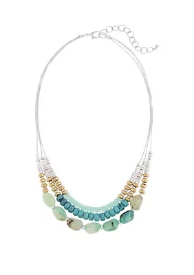 Two Tone 18'' + 3'' Extender Short Triple Row Multi Beaded Frontal Necklace