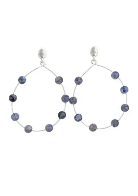 Silver Tone Open Wire Teardrop Earrings with Multi Blue Bead Accents and Post Back Closure