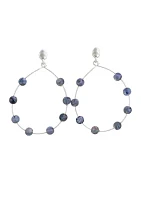 Silver Tone Open Wire Teardrop Earrings with Multi Blue Bead Accents and Post Back Closure