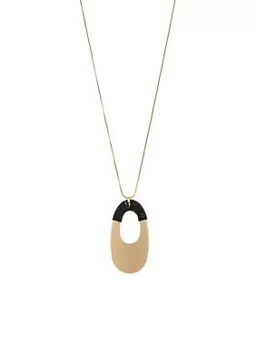 Gold Tone Long Open Black Thread Wrapped Oval Pendant Necklace on Snake Chain