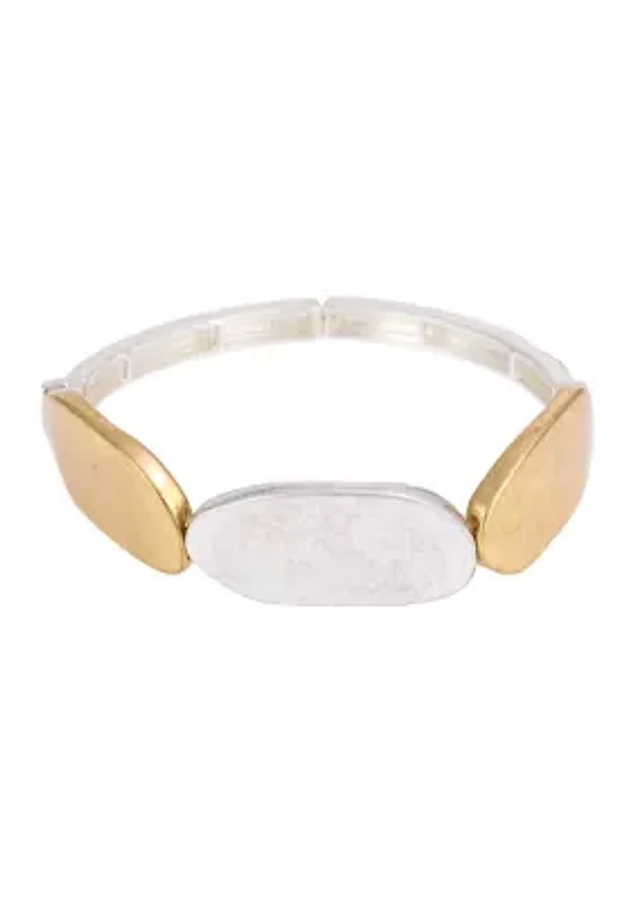 Two Tone Oval Disc Frontal Stretch Bangle Bracelet