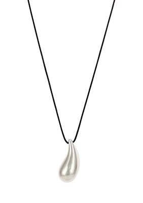 Silver Tone 36'' + 3''  Extender Long Black Cord Necklace with Elongated Teardrop Pendant