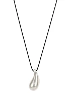 Silver Tone 36'' + 3''  Extender Long Black Cord Necklace with Elongated Teardrop Pendant