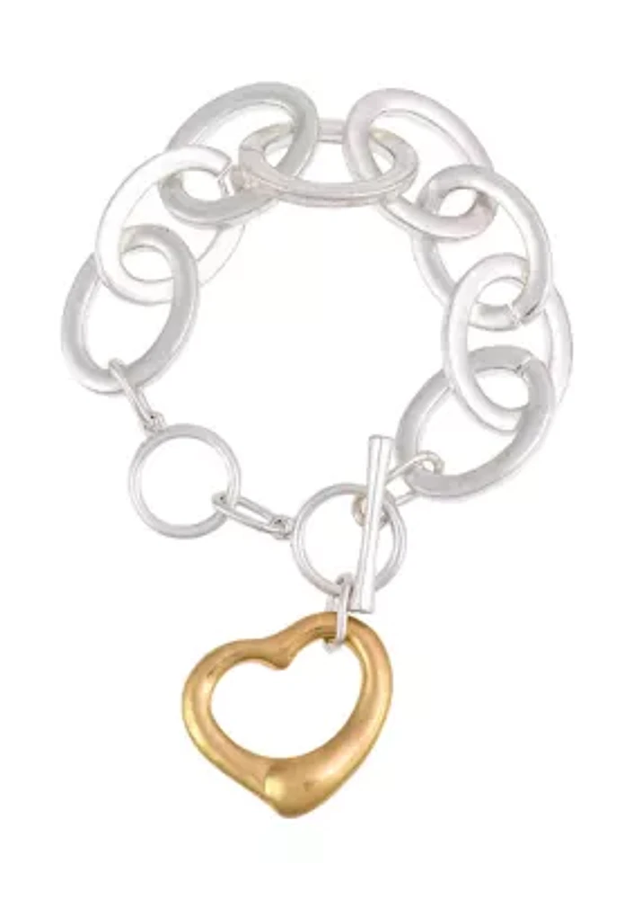 Two Tone Open Link Chain Bracelet with Heart Drop Pendant and Toggle Closure