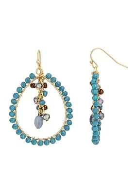 Gold Tone Blue Bead Woven Open Teardrop with Shaky Bead Center Drop Earrings