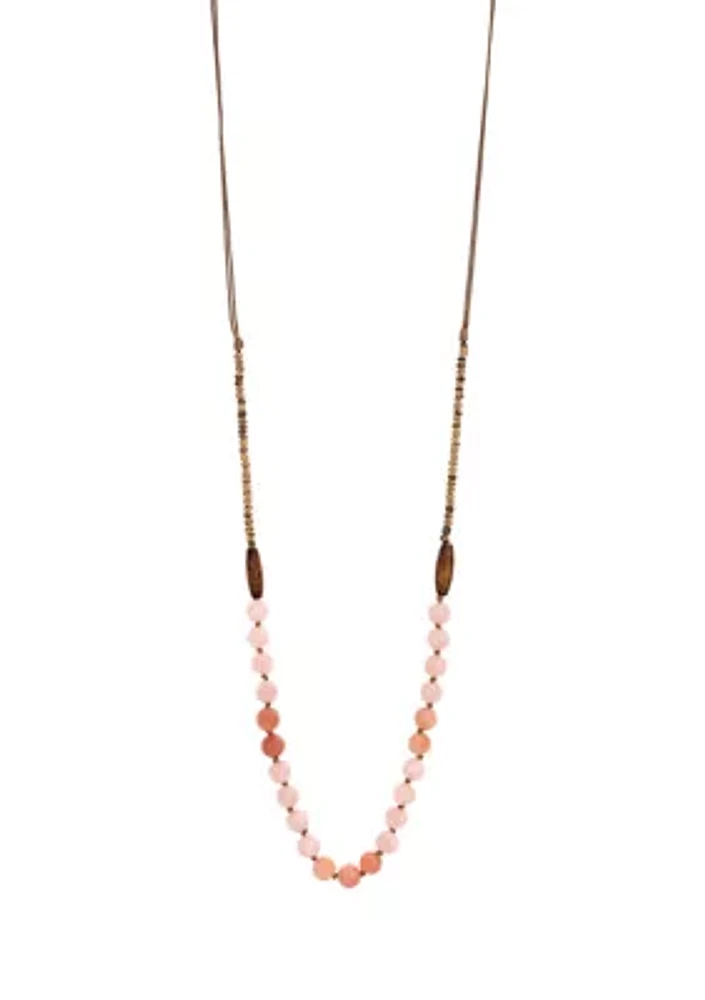 Gold Tone Long Pink and Multi Beaded Tan Cord Necklace