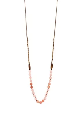 Gold Tone Long Pink and Multi Beaded Tan Cord Necklace