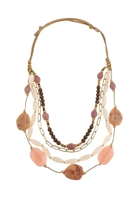 Gold Tone Multi Row Pink Multi Beaded Cord Necklace