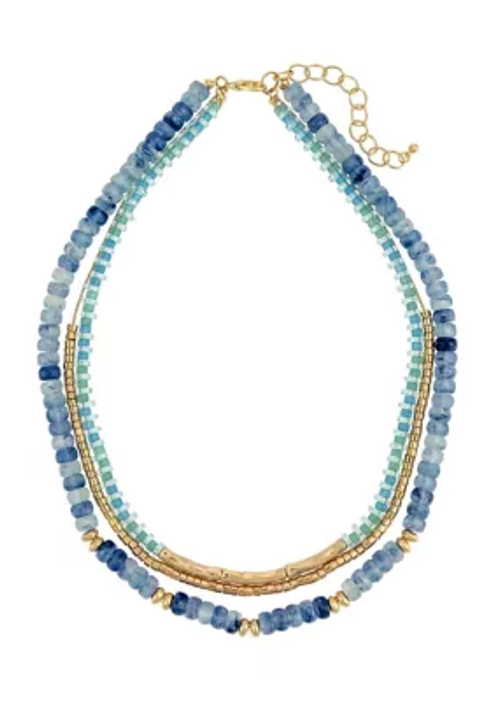 Gold Tone Short 3 Row Blue and Green Layered Beaded Necklace