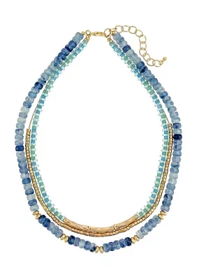 Gold Tone Short 3 Row Blue and Green Layered Beaded Necklace