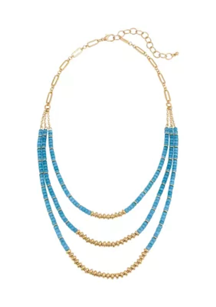 Gold Tone Layered 3 Row Blue Beaded Frontal Necklace