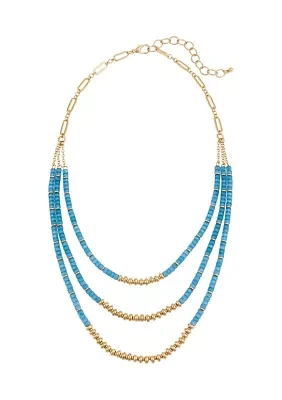 Gold Tone Layered 3 Row Blue Beaded Frontal Necklace